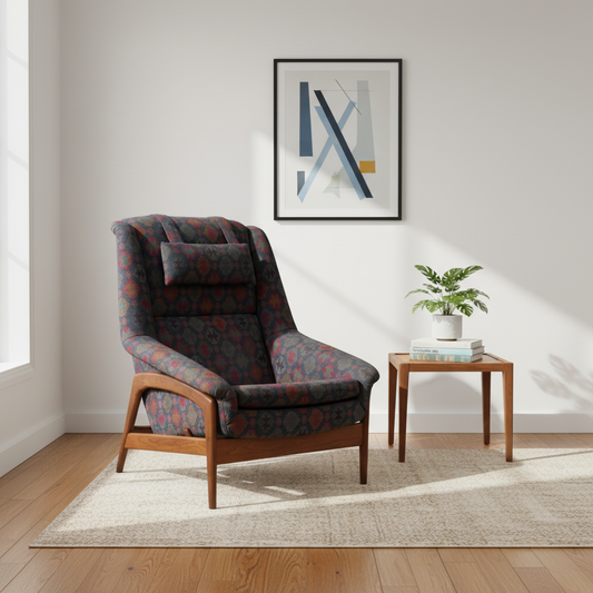 Mid century Folke Ohlsson for DUX reclining lounge chair with sculpted teak base and patterned upholstery for modern living room décor.