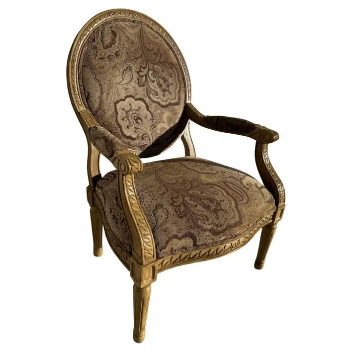 Louis XVI style bergere chair with carved wood frame and upholstered seat