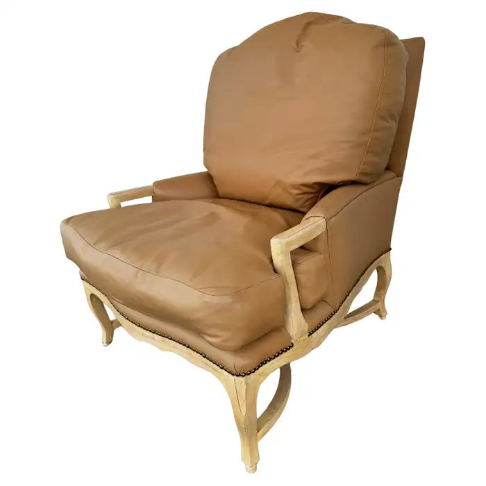 oversized French bergere chair leather upholstery pickled oak frame