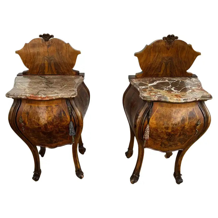 antique French bombe nightstands with marble top and wood inlay