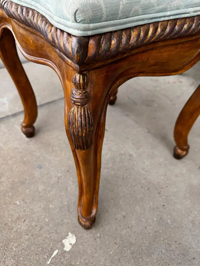 classic French style stool with carved walnut and padded seat