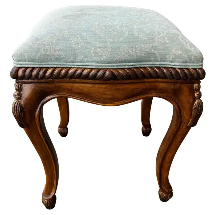 antique French walnut upholstered stool with carved wood frame