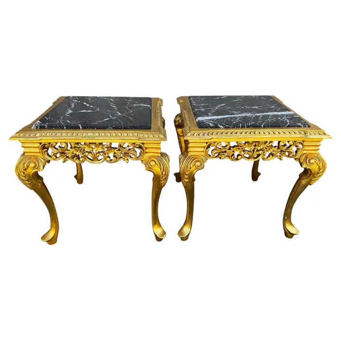 Antique style side tables marble surface carved wood gold finish