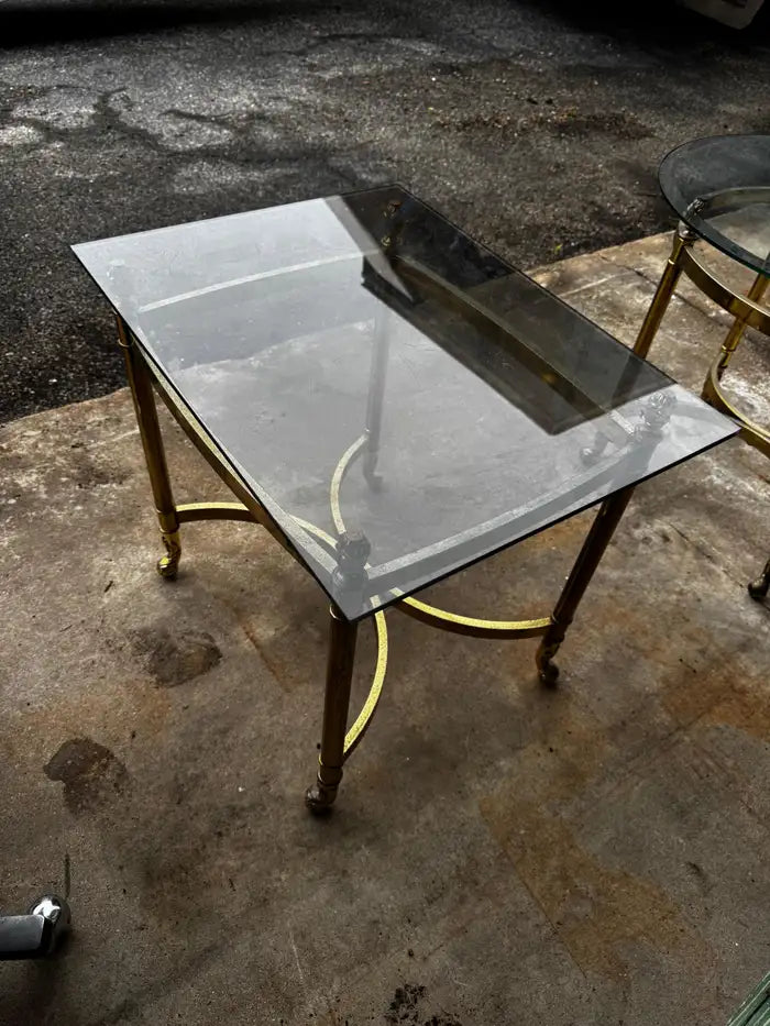 Modern brass frame end table with glass top