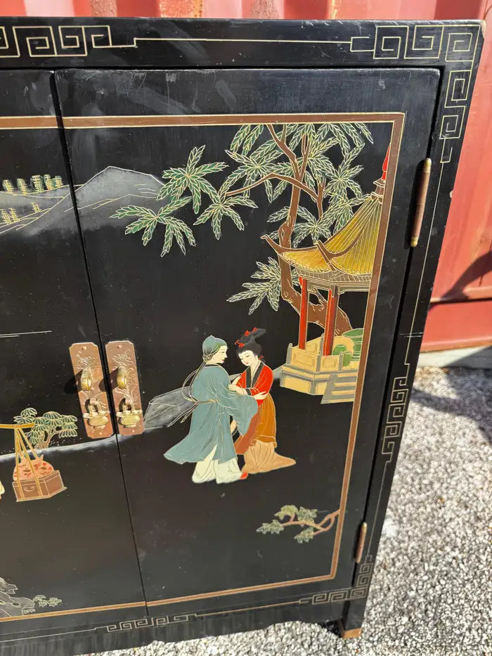 Asian inspired black lacquer sideboard cabinet
