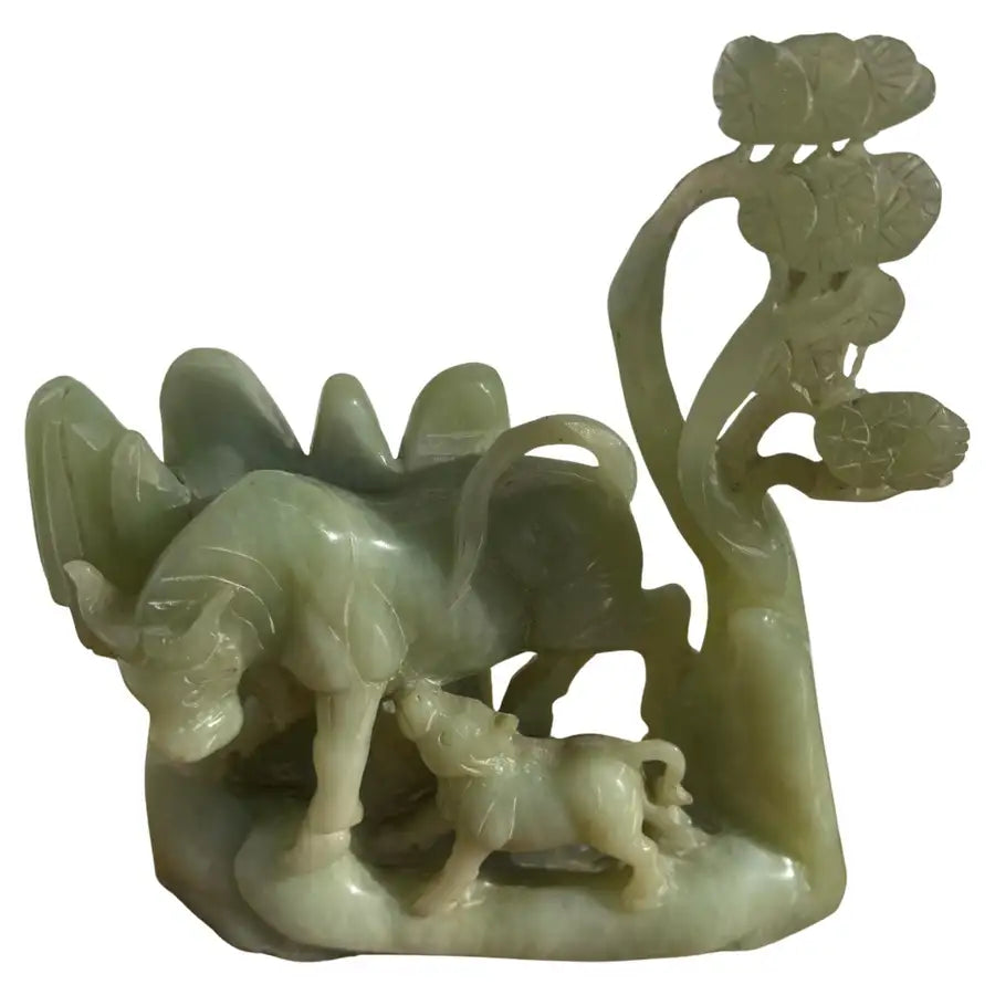 Hand carved green jade cow and calf sculpture figurine