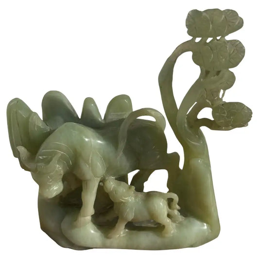 Hand carved green jade cow and calf sculpture figurine