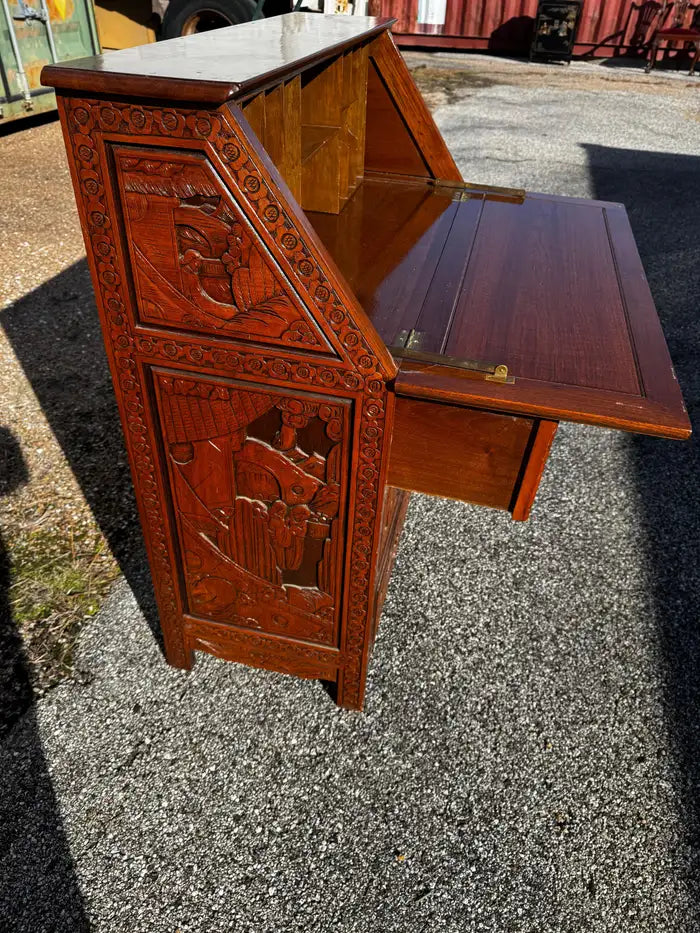 Oriental carved wood drop leaf desk