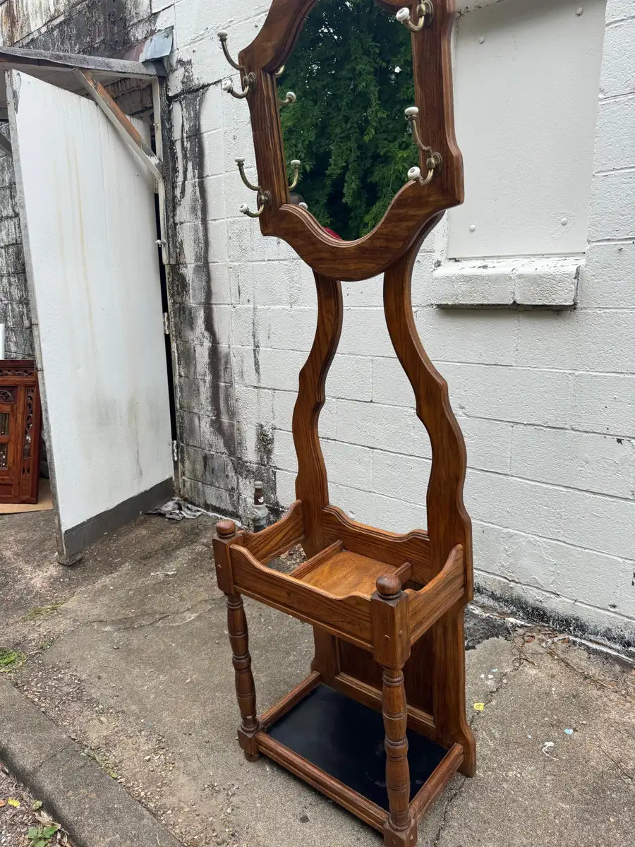 Antique style oak coat rack with storage bench furniture