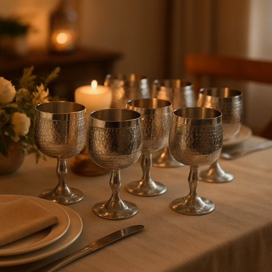 Hammered tin goblet set of eight with polished finish, arranged on a white tablecloth.