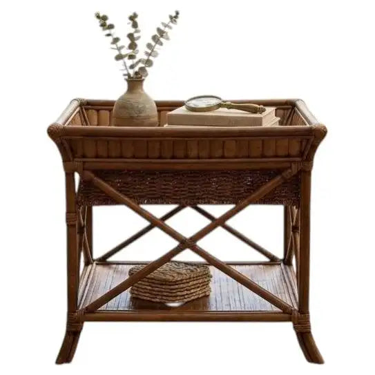 Handwoven wicker accent table for coastal home décor