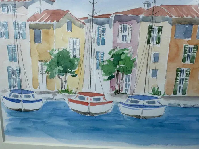 vintage seaside watercolor painting harbor view art