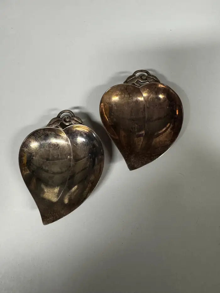 Heart shaped silver leaf nut dish pair