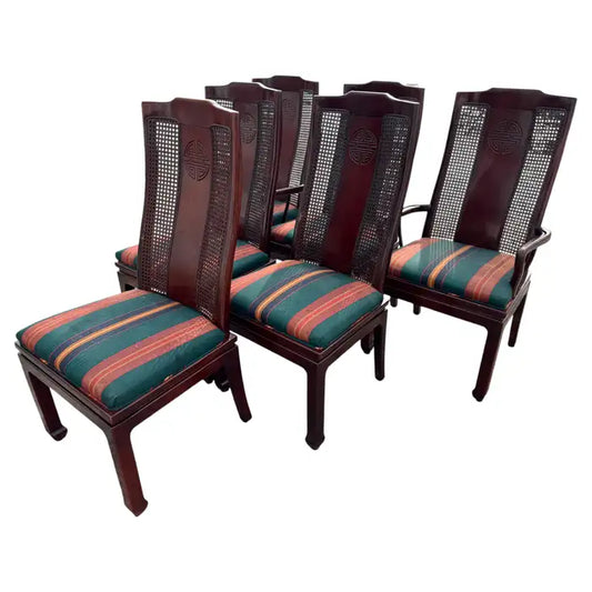 Hollywood Regency mahogany dining chairs with cane backs