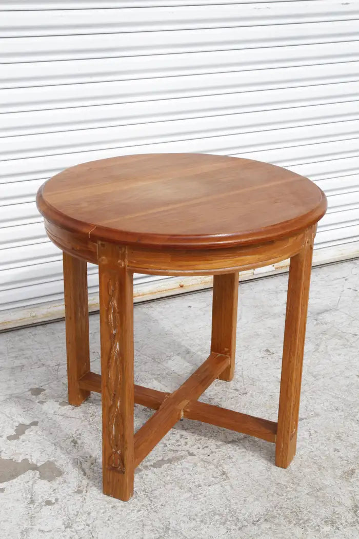 Vintage Mission Oak Round Top Occasional Table w/ Carved Legs and X Base Stretchers