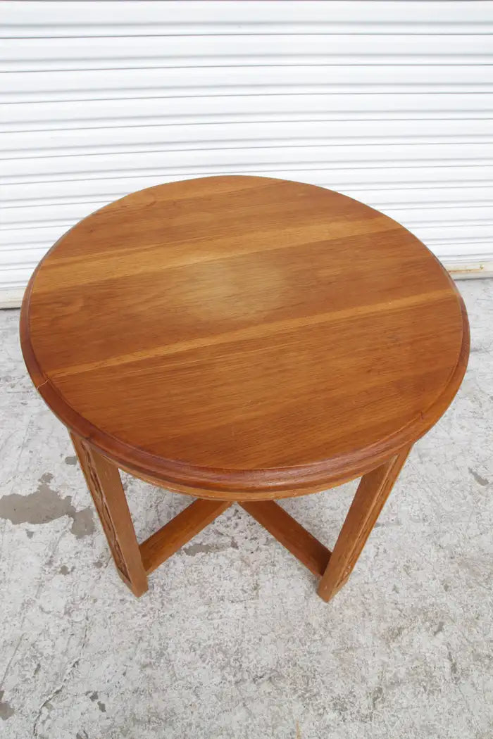 Vintage Mission Oak Round Top Occasional Table w/ Carved Legs and X Base Stretchers