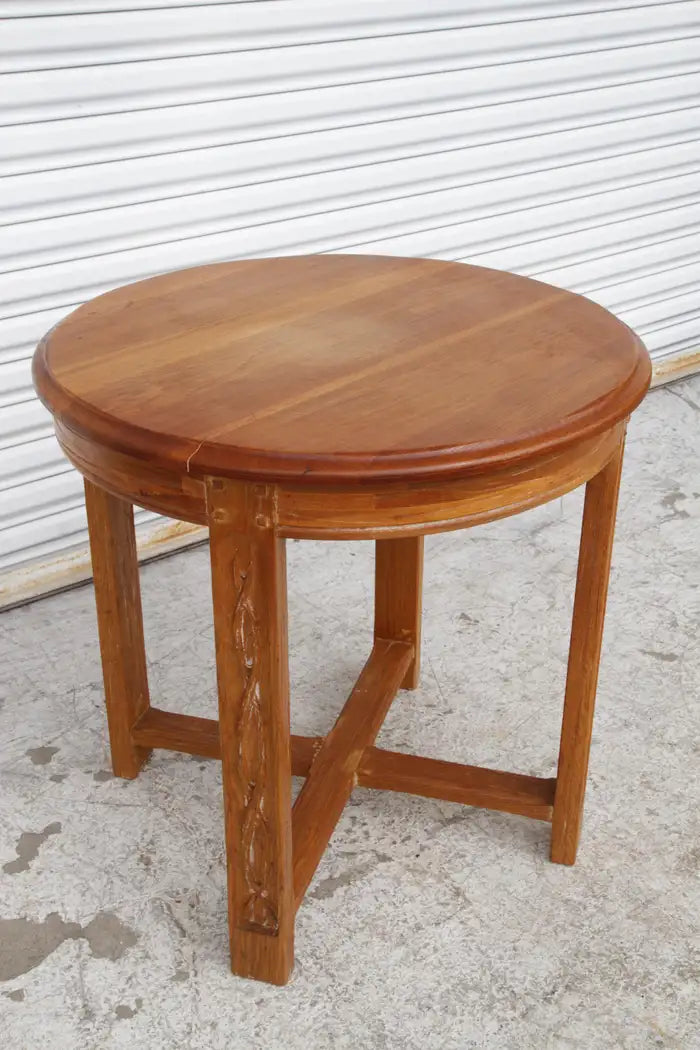 Vintage Mission Oak Round Top Occasional Table w/ Carved Legs and X Base Stretchers