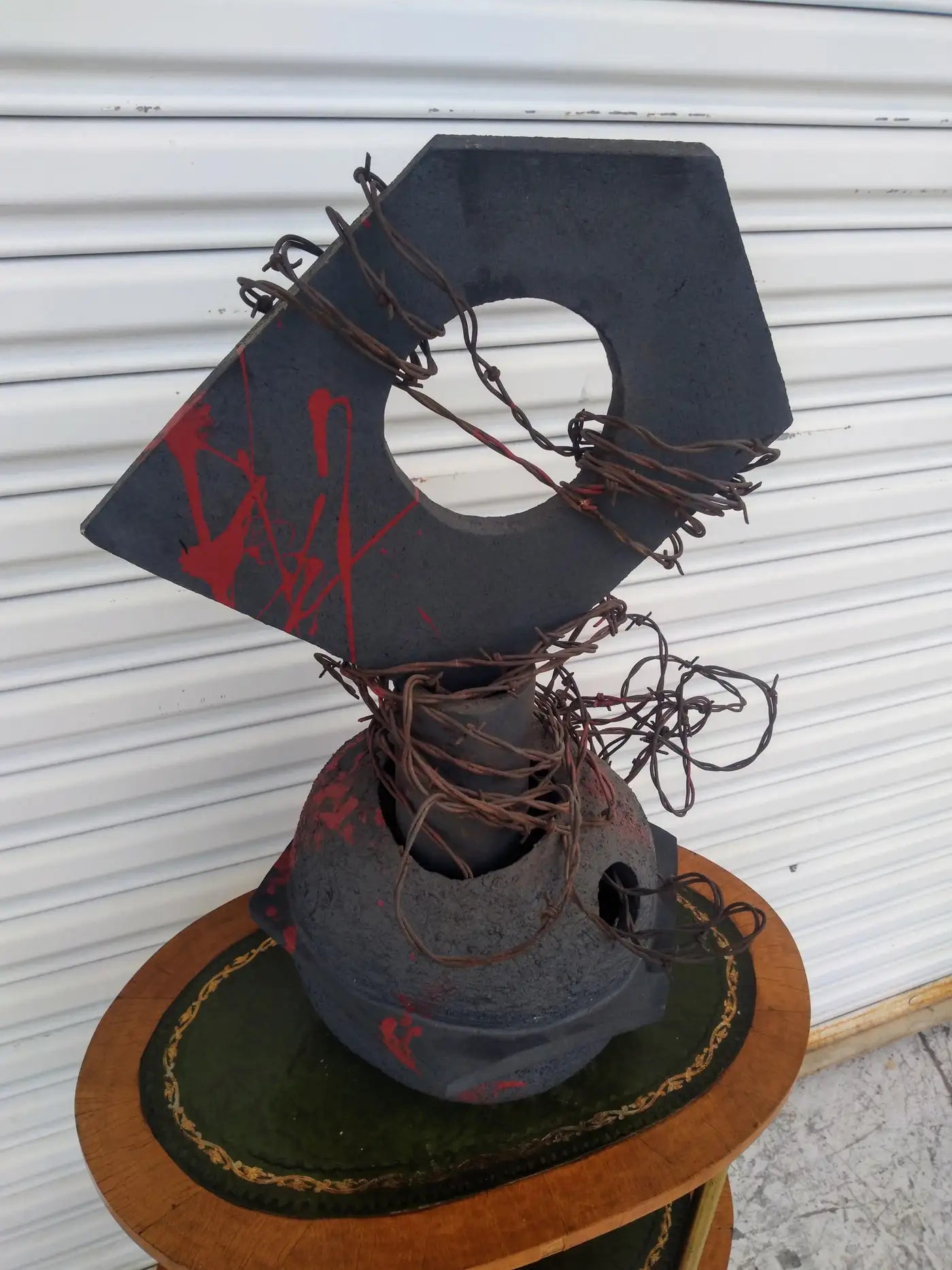Contemporary Raku pottery sculpture with wire detail