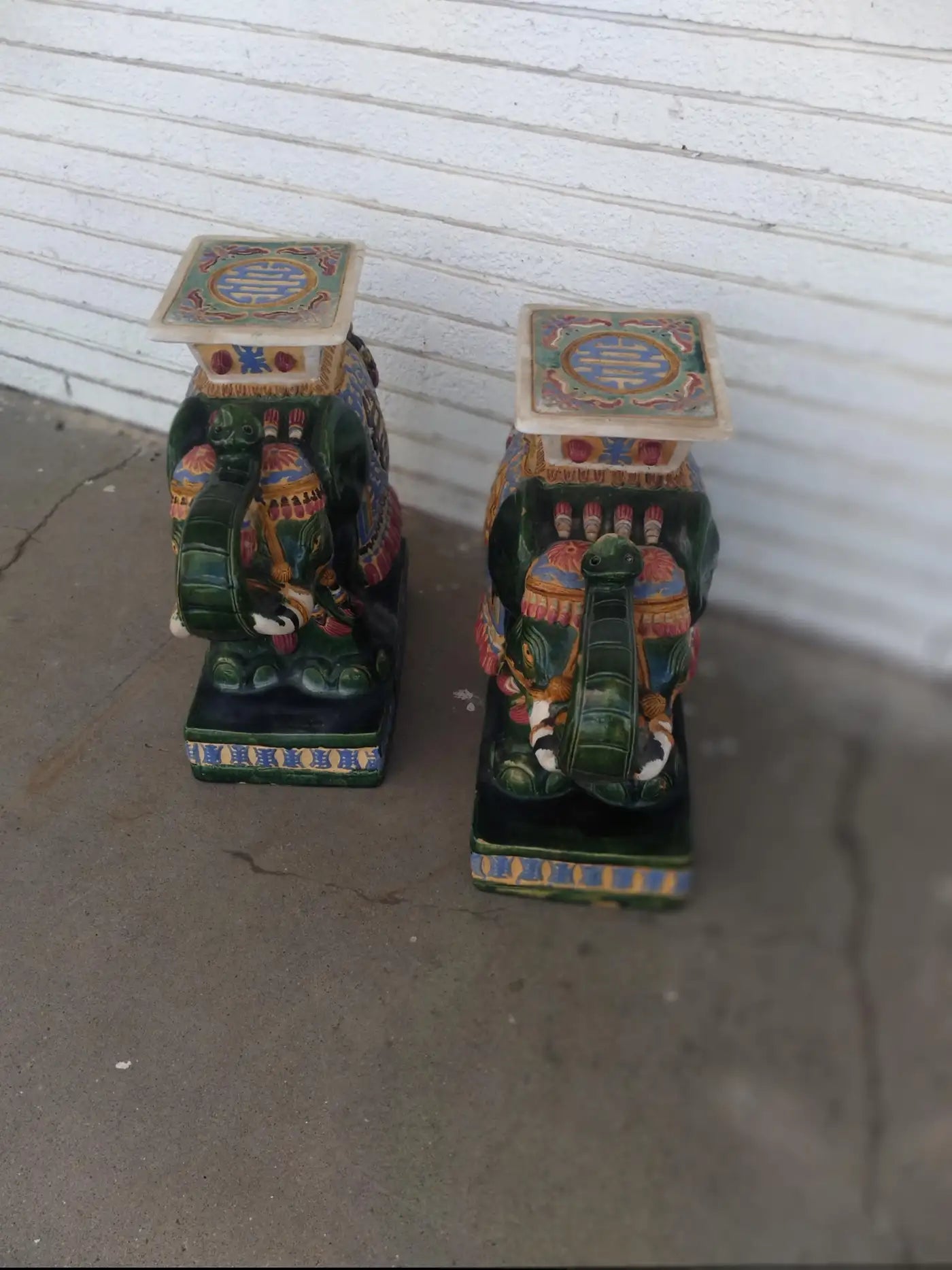Pair of Hand Painted Elephant Garden Stools