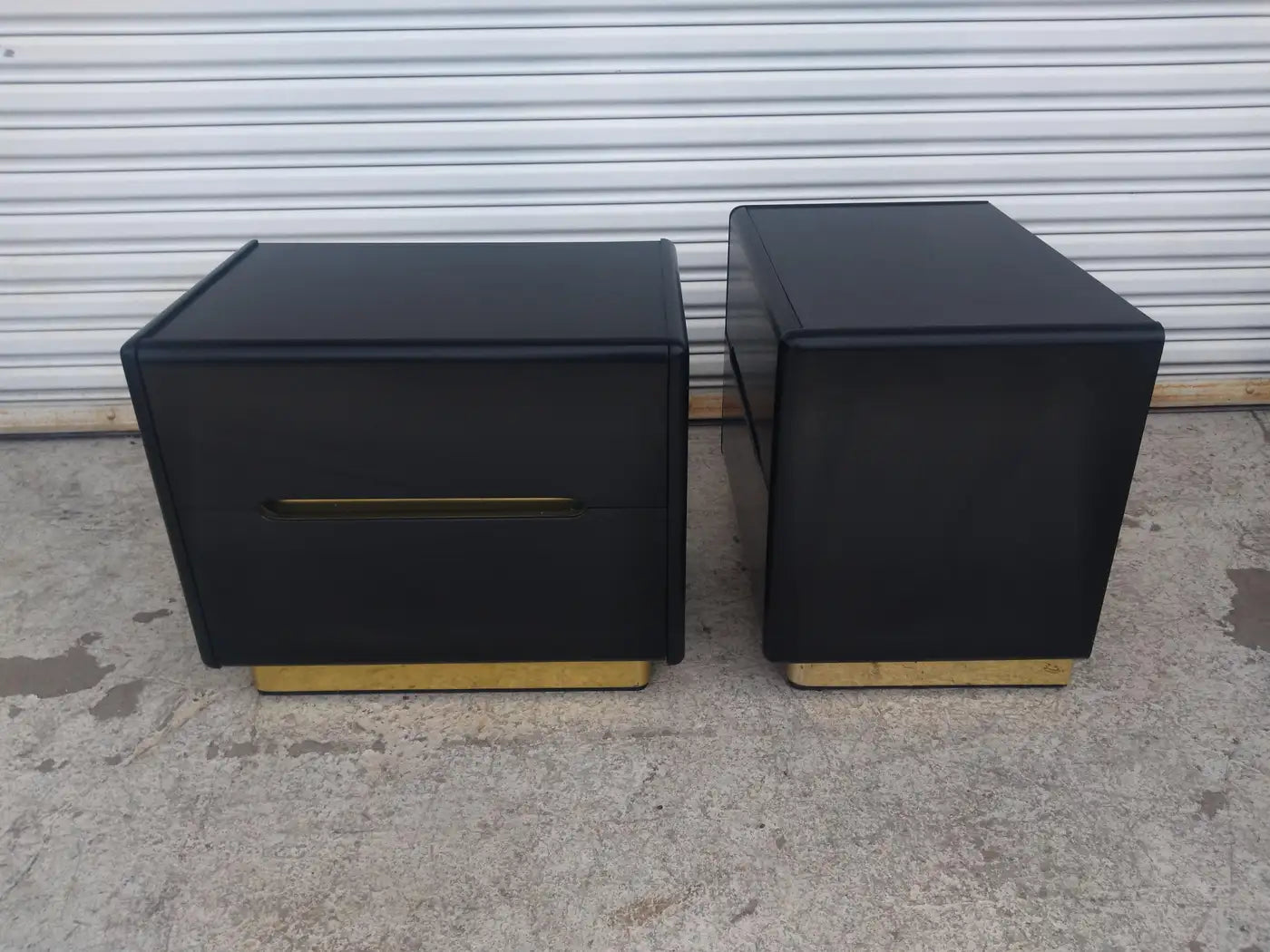 Pair of Lane Furniture Black Lacquer and Brass Nightstands