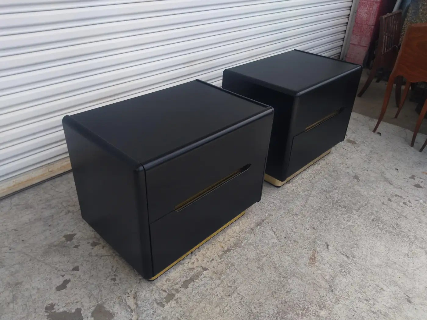 Pair of Lane Furniture Black Lacquer and Brass Nightstands