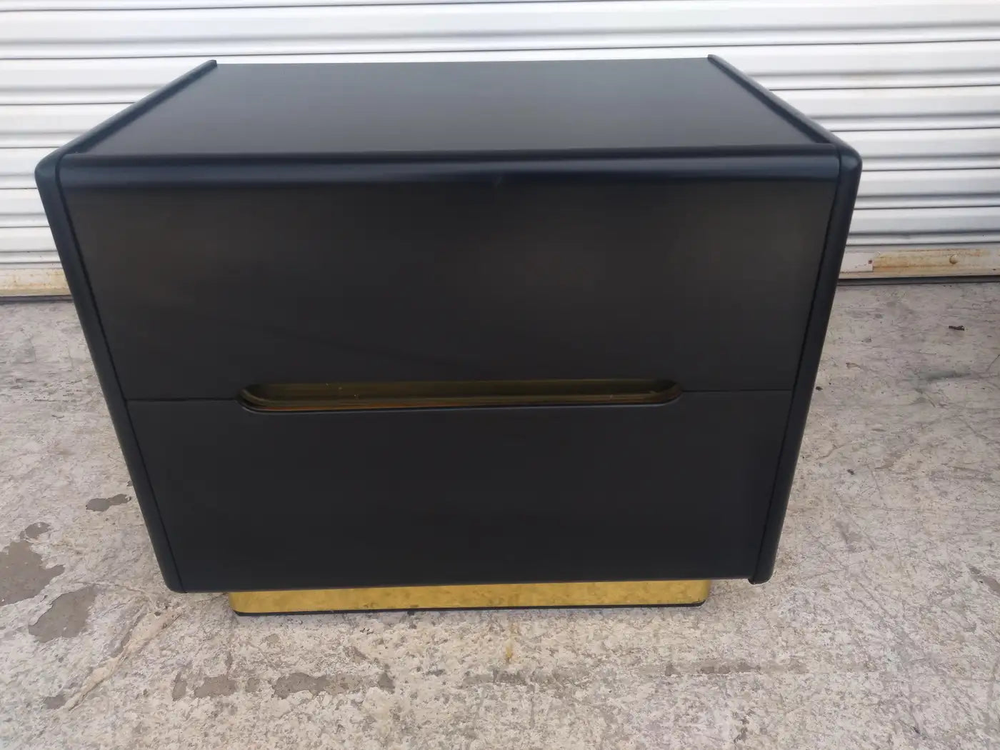 Pair of Lane Furniture Black Lacquer and Brass Nightstands