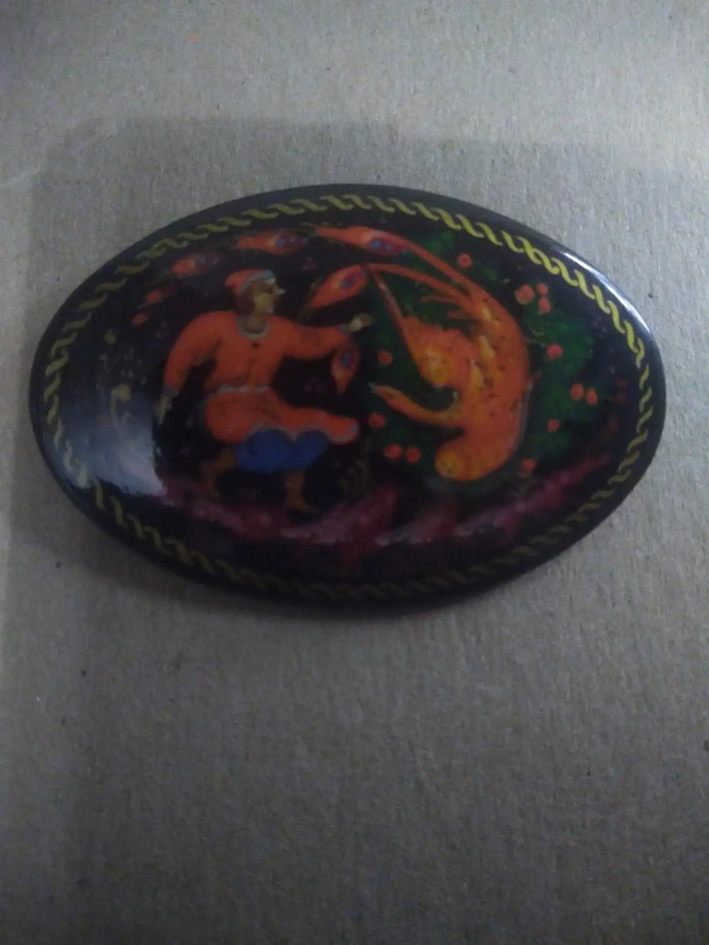 Russian lacquerware box and pin with fine detailing