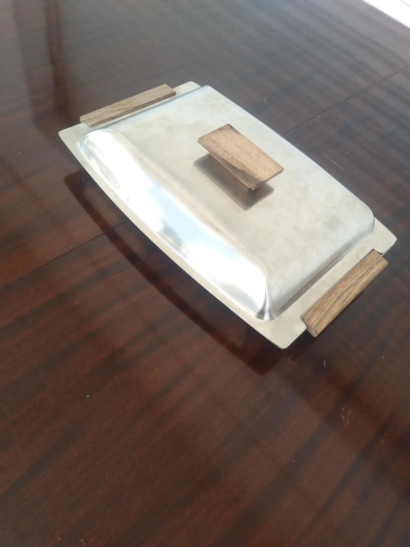 Teak wood and stainless covered platter