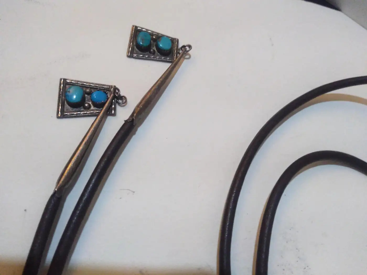 Leather, Sterling Silver and Turquoise Native American Bolo Tie