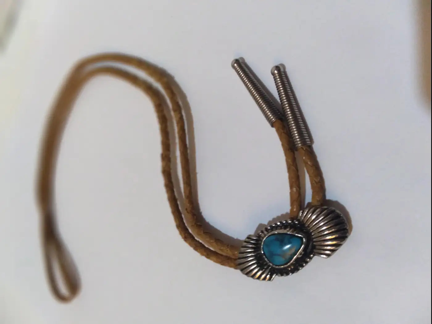32" Leather and Sterling Silver with Turquoise Setting Bolo Tie
