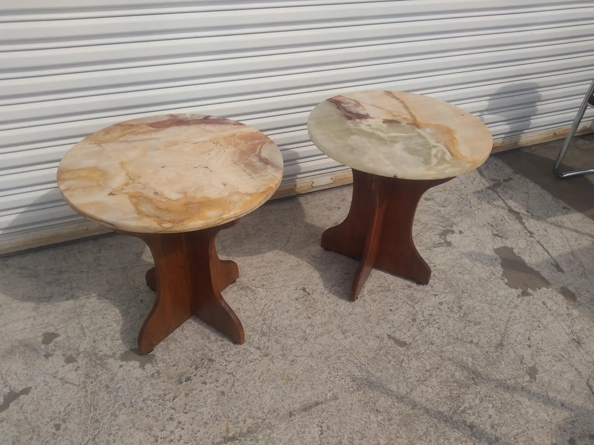 Pair of Pedestal Base End Tables with Onyx Tops