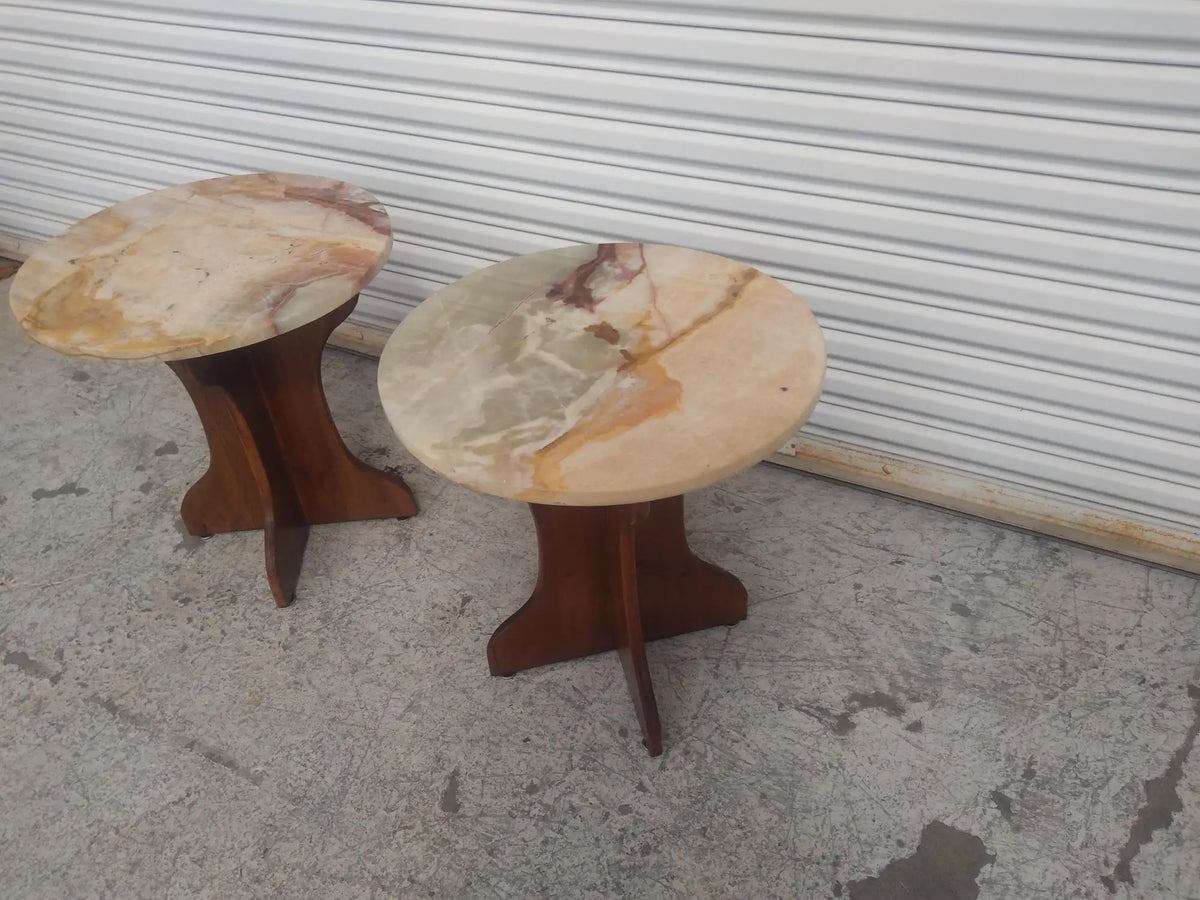 Pair of Pedestal Base End Tables with Onyx Tops