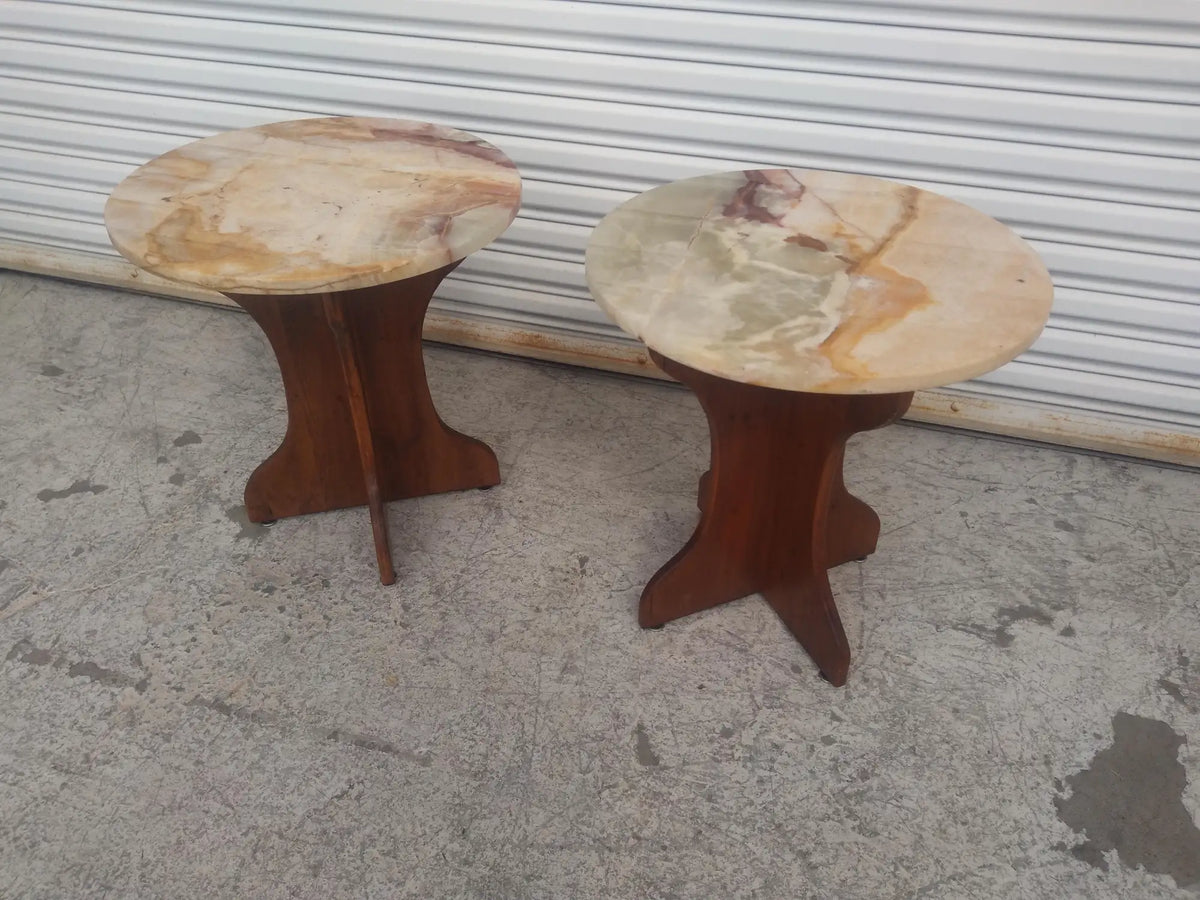 Pair of Pedestal Base End Tables with Onyx Tops