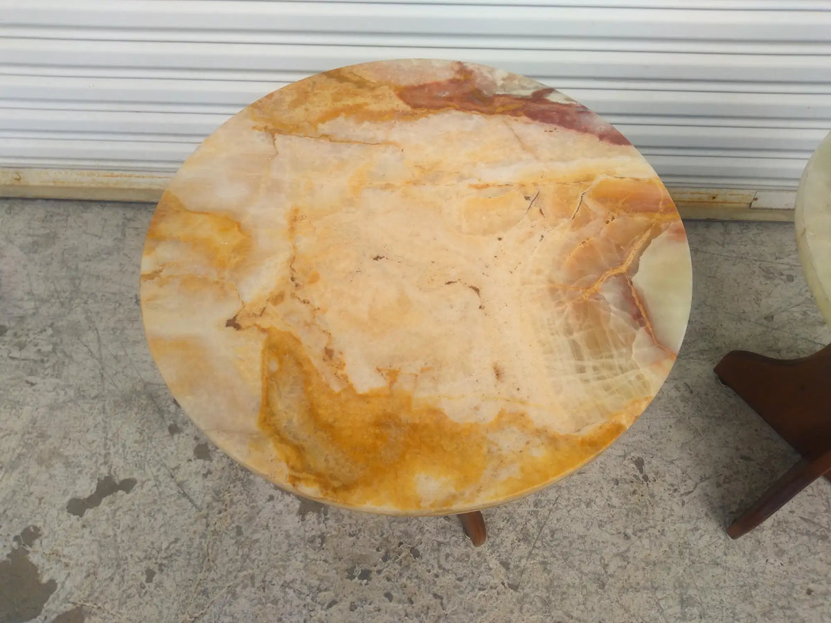 Pair of Pedestal Base End Tables with Onyx Tops