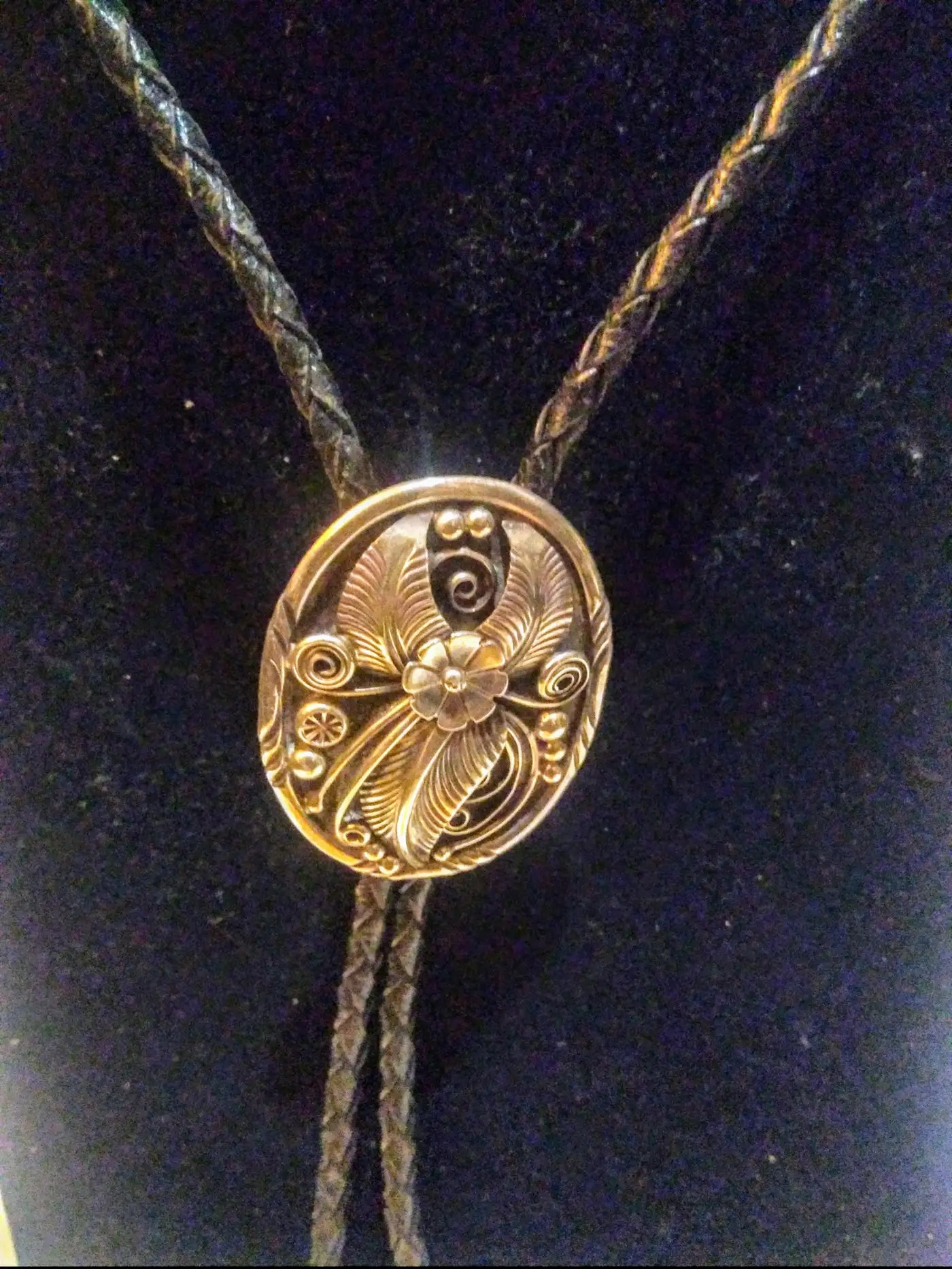 38" Leather and Sterling Silver Native American Bolo Tie w/ Applied Wire Medalli