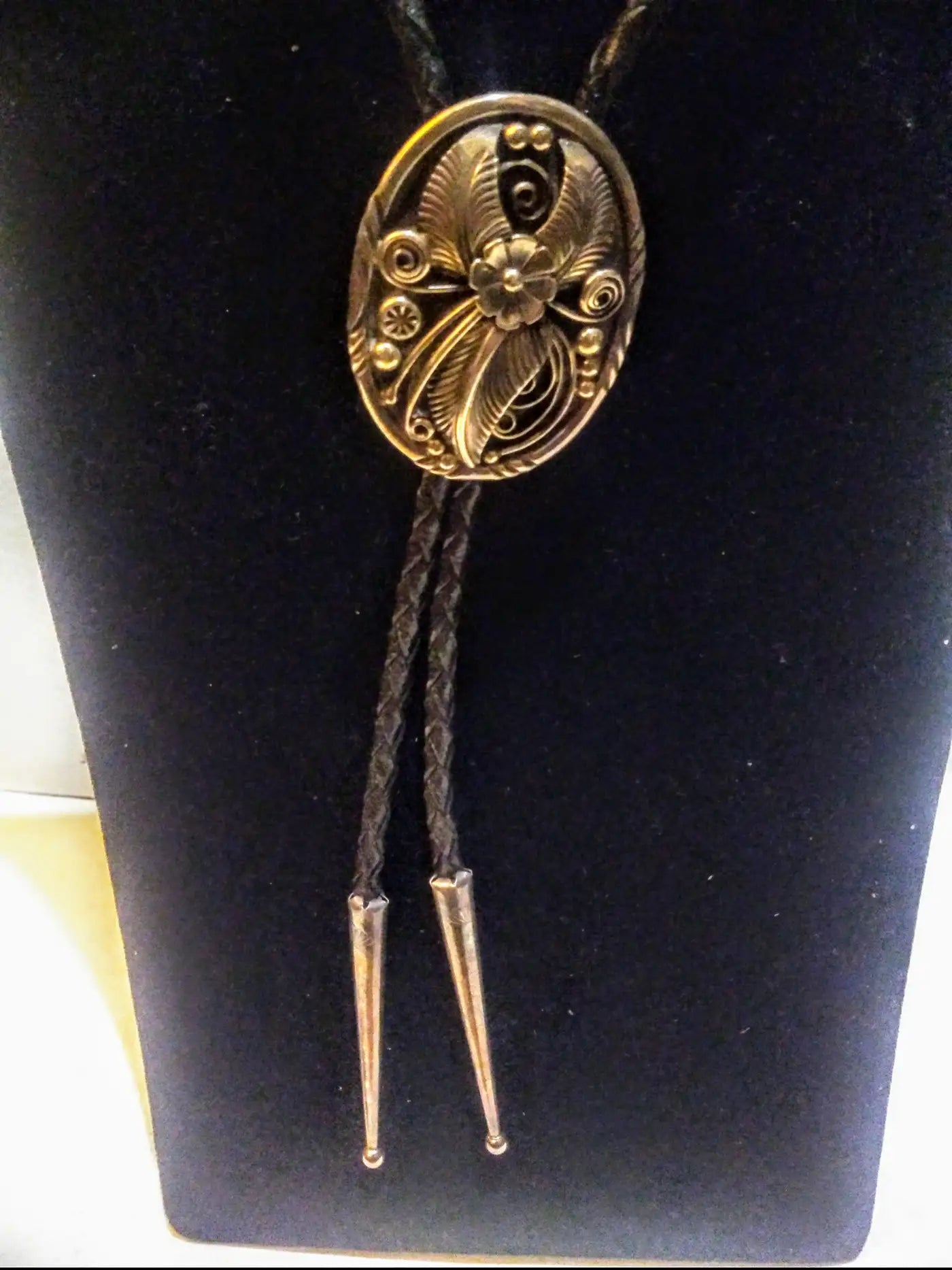 38" Leather and Sterling Silver Native American Bolo Tie w/ Applied Wire Medalli