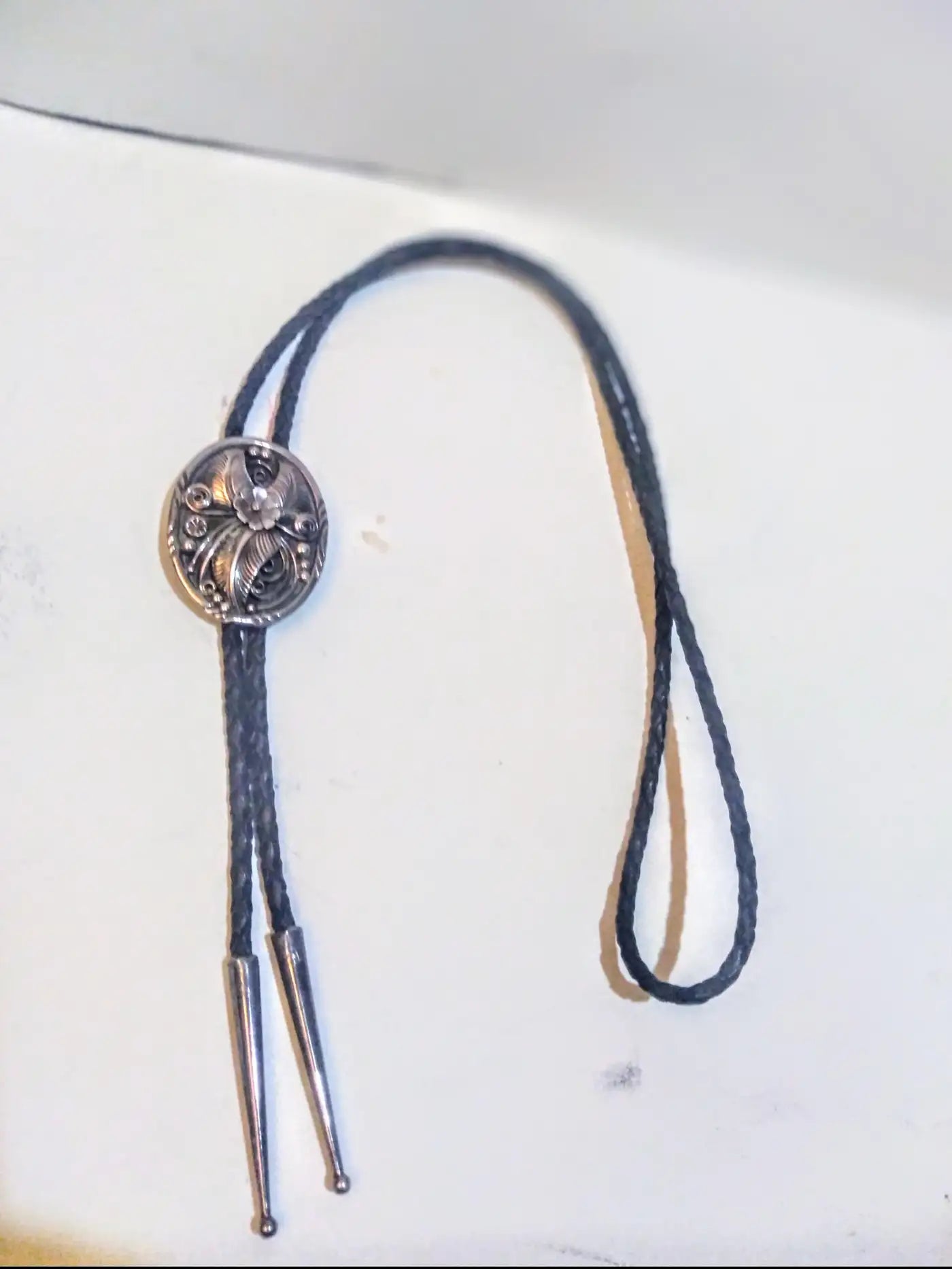 38" Leather and Sterling Silver Native American Bolo Tie w/ Applied Wire Medalli