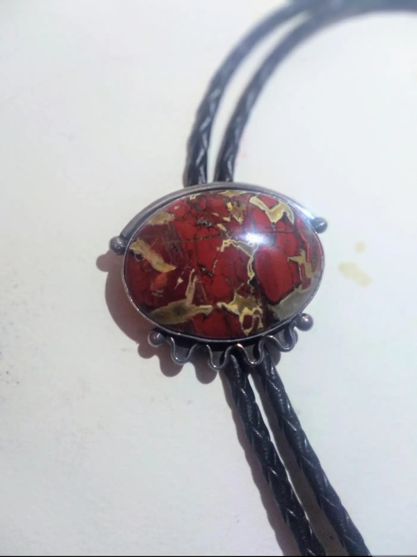 44" Leather & Sterling Silver Bolo Tie w/ Marbled Agate Medallion