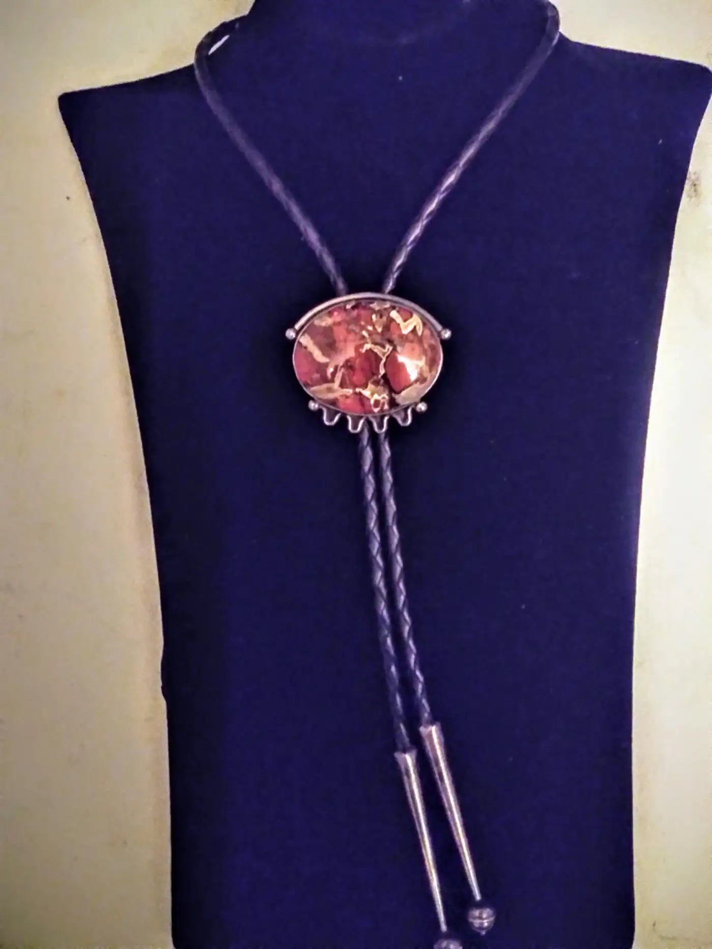 44" Leather & Sterling Silver Bolo Tie w/ Marbled Agate Medallion
