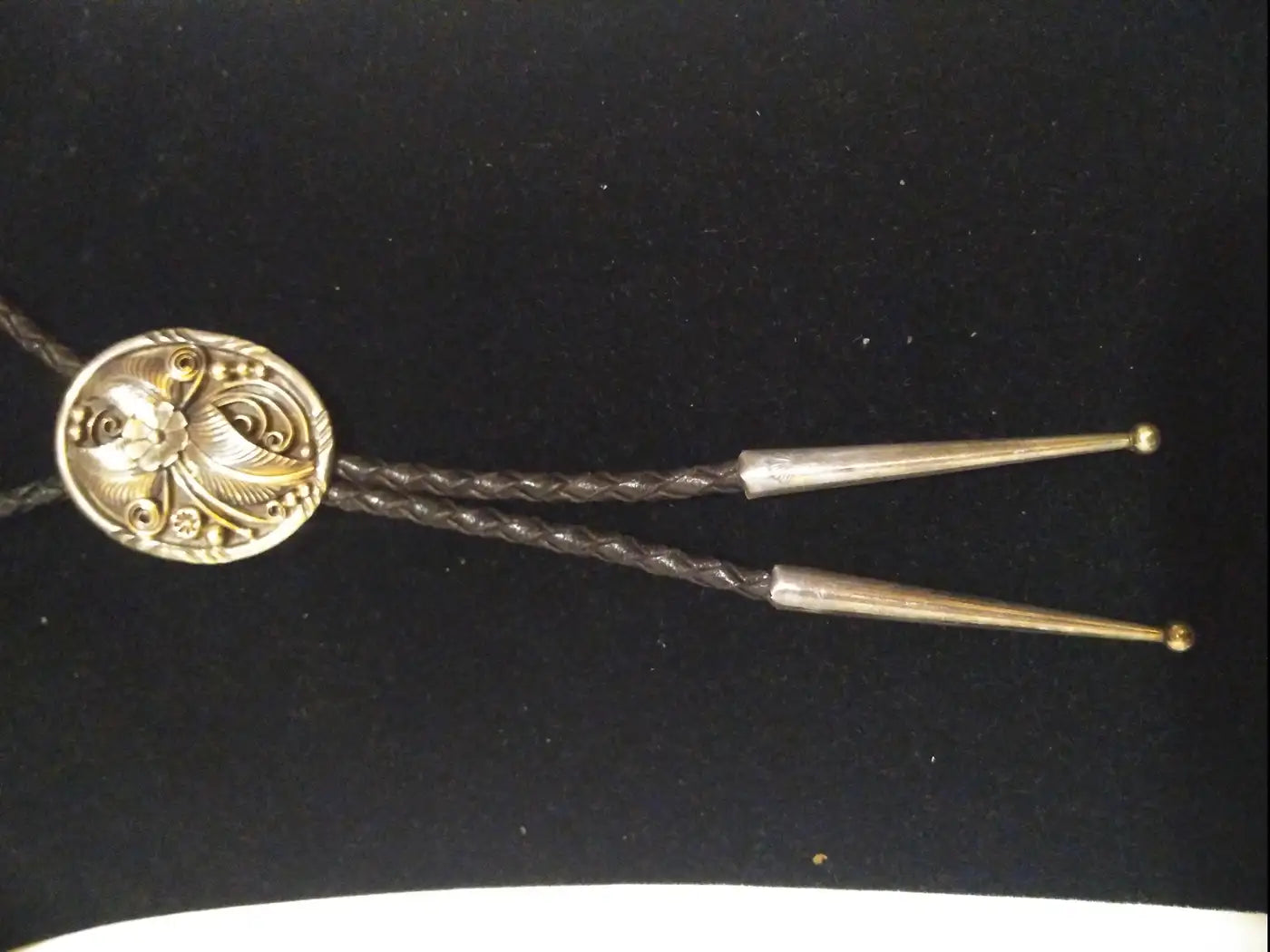 38" Leather and Sterling Silver Native American Bolo Tie w/ Applied Wire Medalli