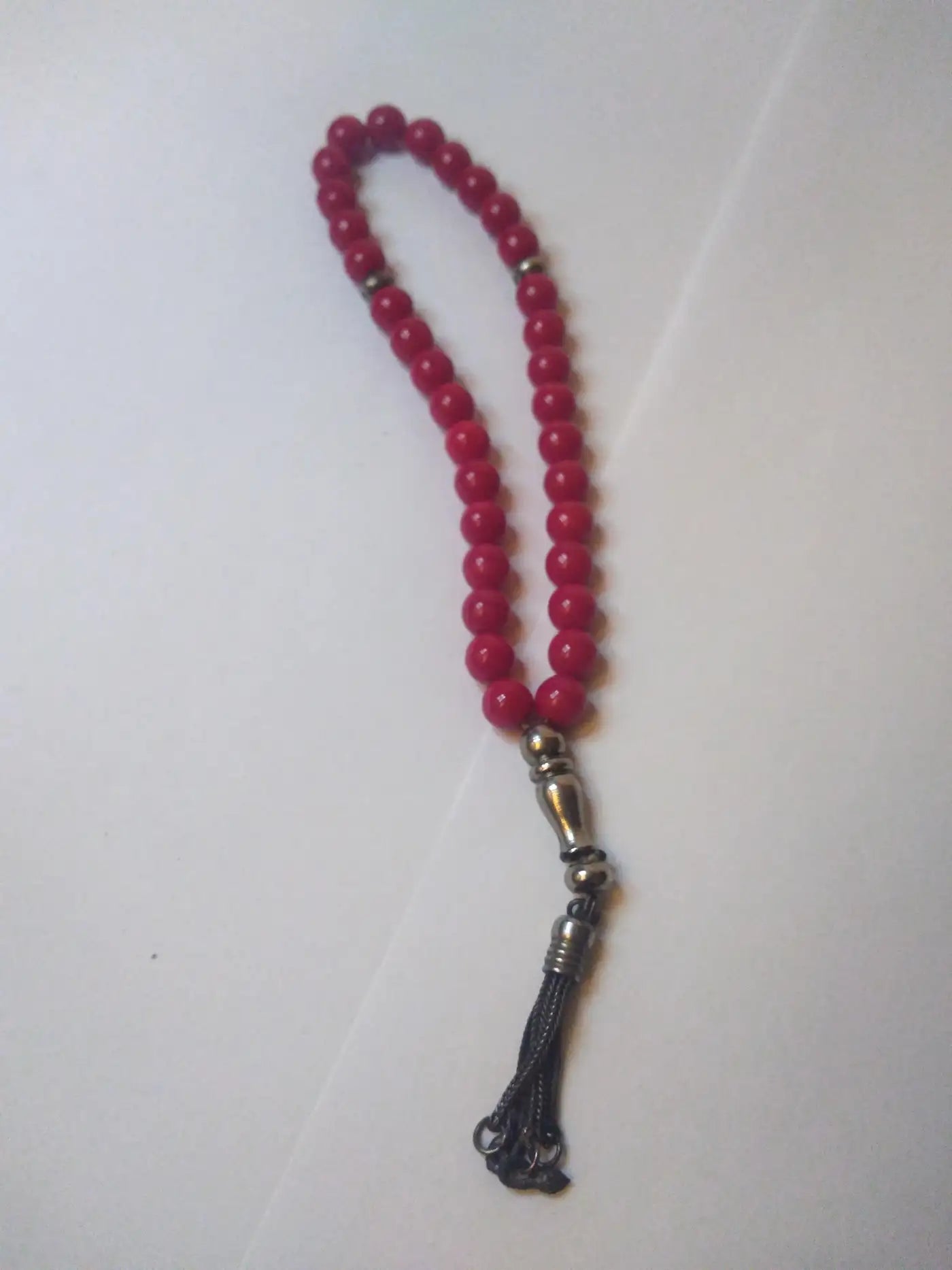 Red prayer beads with sterling silver chain