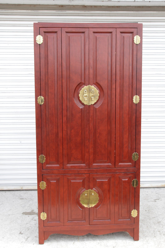 Century Furniture Asian Ming Style Tall Red Lacquer Lighted Dry Bar Cabinet