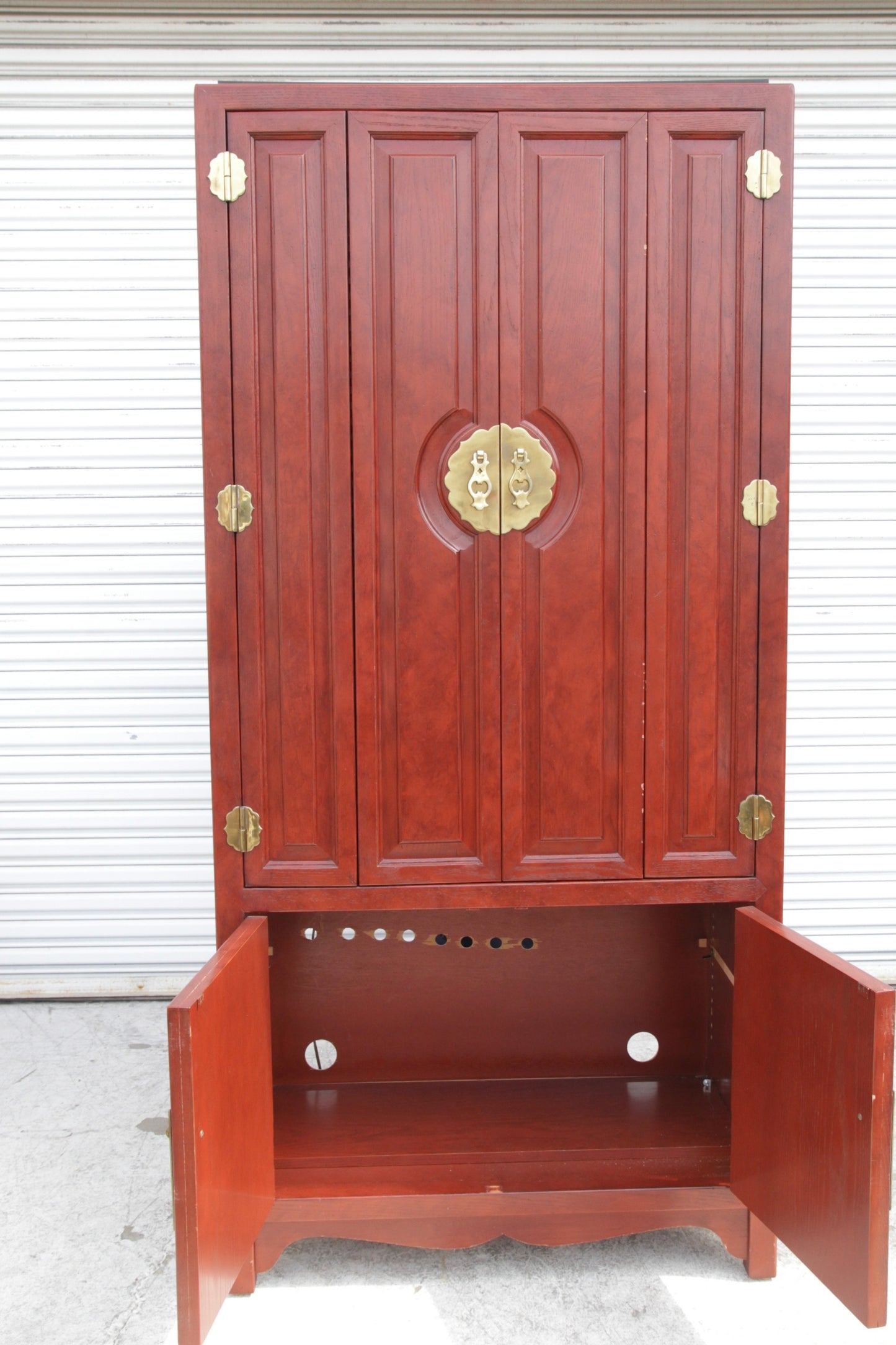 Century Furniture Asian Ming Style Tall Red Lacquer Lighted Dry Bar Cabinet