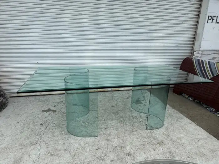 Fiam Italia Large Glass Dining/Conference Table w/ 2 Wave-Shaped Glass Bases