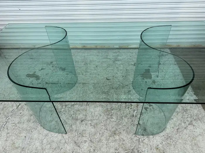 Fiam Italia Large Glass Dining/Conference Table w/ 2 Wave-Shaped Glass Bases