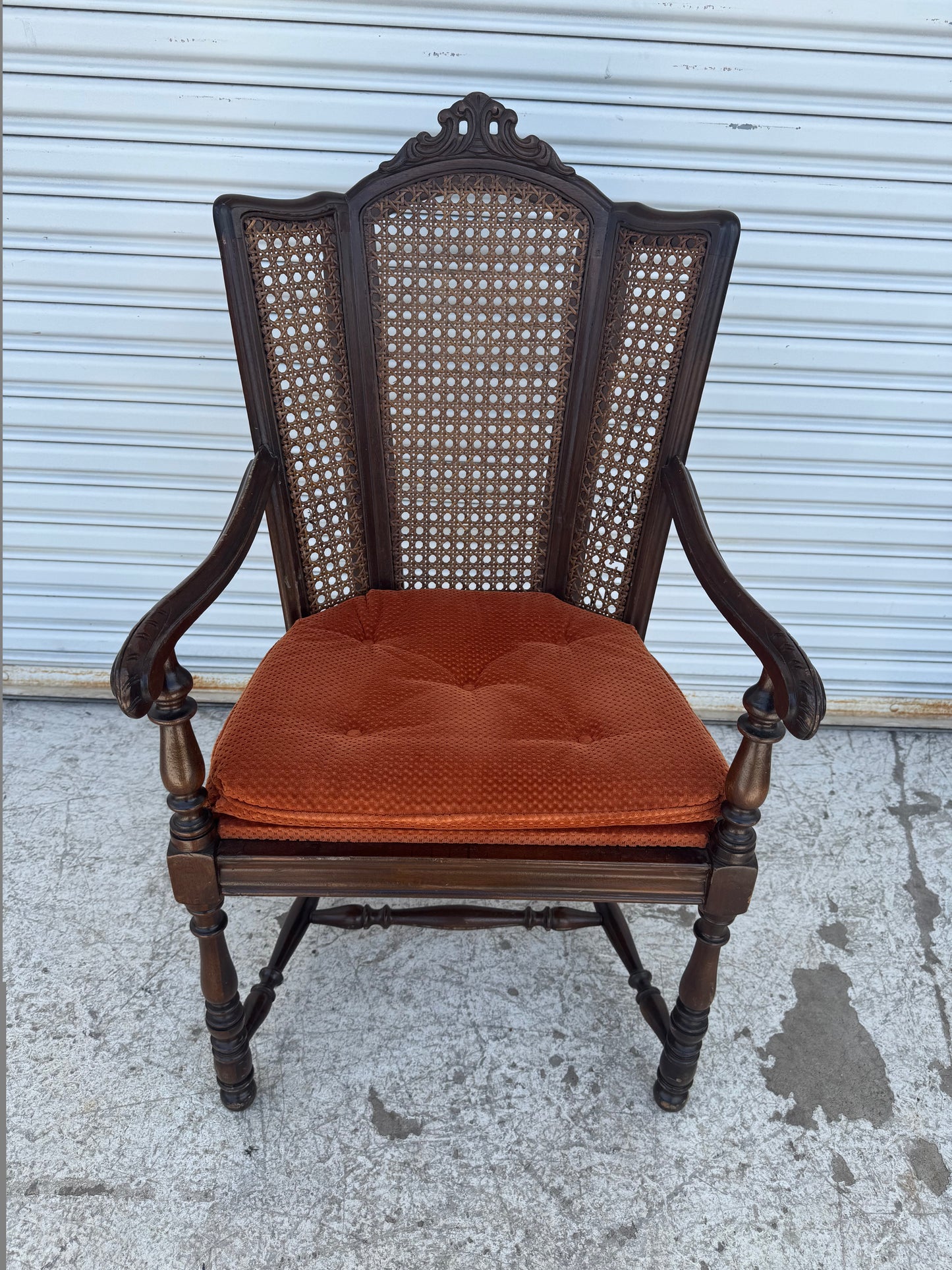 Antique Carved Wood Armchair with Cane Back
