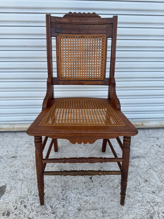 Antique Eastlake Carved Walnut and Cane Parlor Chair