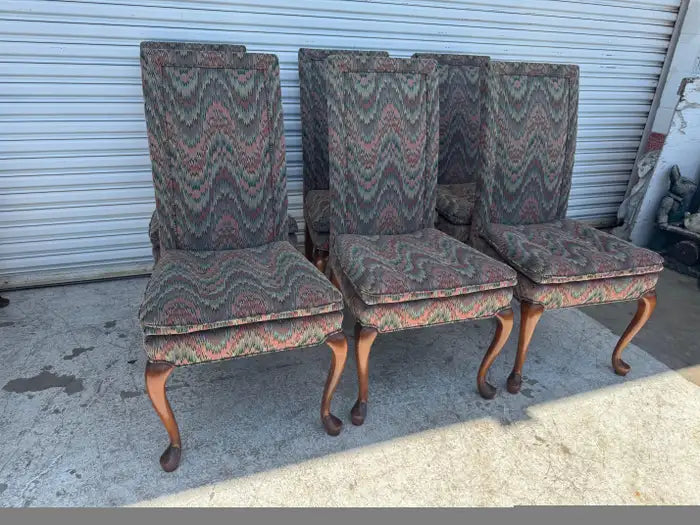 Set of 6 Queen Anne Style Upholstered Dining Chairs