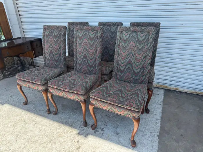 Set of 6 Queen Anne Style Upholstered Dining Chairs