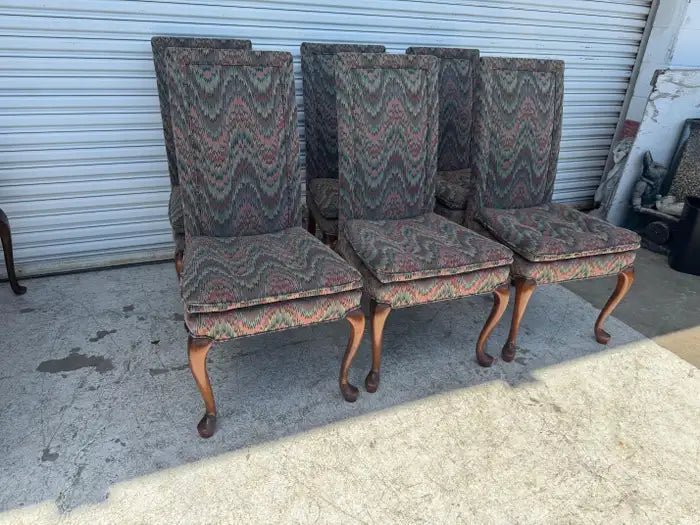 Set of 6 Queen Anne Style Upholstered Dining Chairs
